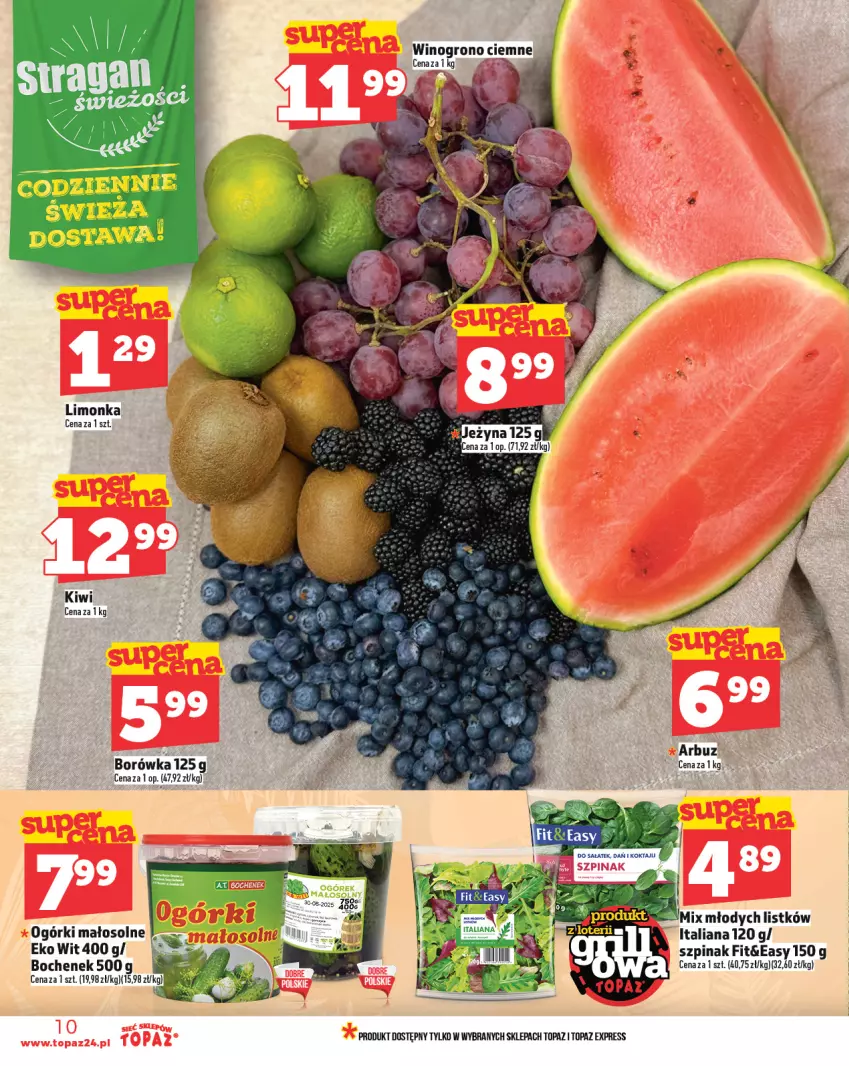 Gazetka promocyjna Topaz - Gazetka - ważna 15.05 do 21.05.2025 - strona 10 - produkty: Arbuz, Borówka, Kiwi, Limonka, Szpinak, Top, Wino