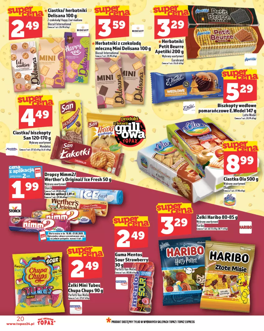 Gazetka promocyjna Topaz - Gazetka - ważna 15.05 do 21.05.2025 - strona 20 - produkty: BIC, Biszkopty, Chupa Chups, Ciastka, Gin, Haribo, Herbatniki, Herbatniki Petit Beurre, Isana, Mentos, Nimm2, Top