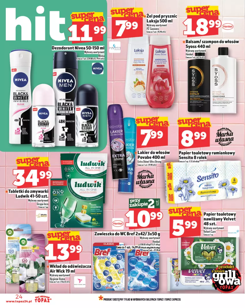 Gazetka promocyjna Topaz - Gazetka - ważna 15.05 do 21.05.2025 - strona 24 - produkty: Air Wick, Dezodorant, Lack, Lakier, Lakier do włosów, Ludwik, Luksja, Nivea, Papier, Papier toaletowy, Rum, Sito, Syoss, Szampon, Tablet, Tabletki do zmywarki, Top, Velvet, Zmywarki