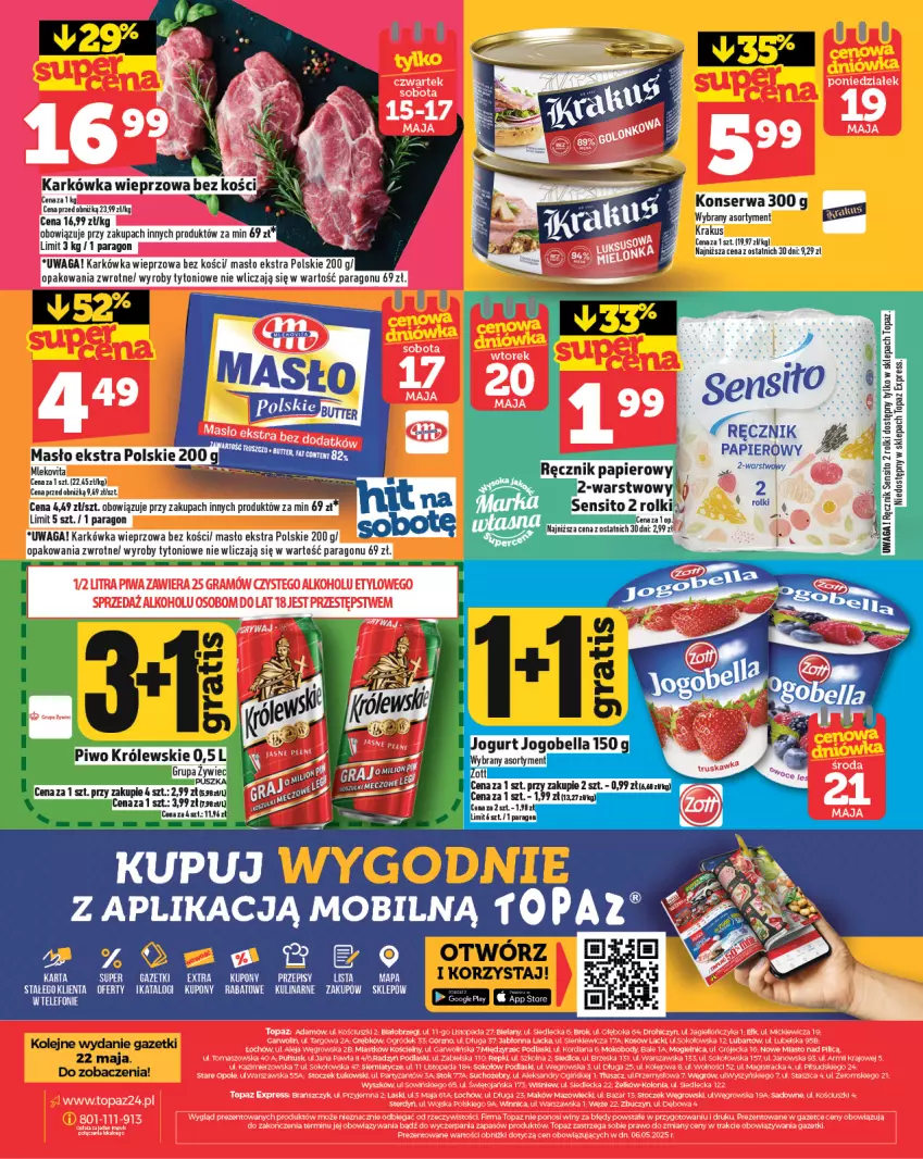 Gazetka promocyjna Topaz - Gazetka - ważna 15.05 do 21.05.2025 - strona 28 - produkty: Karkówka wieprzowa, Krakus, Masło, Mleko, Mlekovita, Mobil, Olej, Ręcznik, Rolki, Ser, Sito, Top, Vita C, Waga