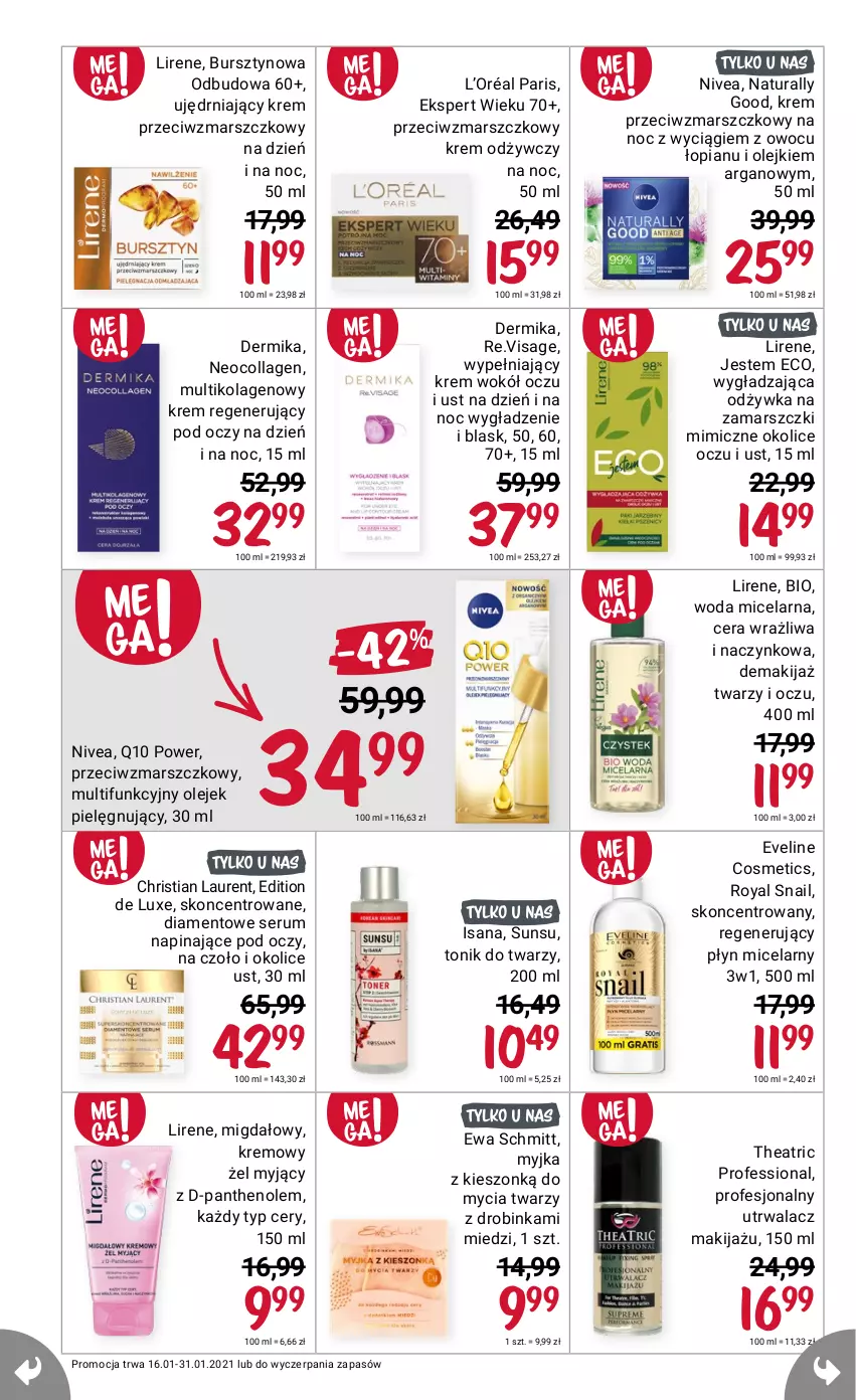 Gazetka promocyjna Rossmann - Mega przebija wszystko - ważna 16.01 do 31.01.2021 - strona 12 - produkty: Bursztyn, Dermika, Eveline, Ewa Schmitt, Inka, Isana, Krem przeciwzmarszczkowy, L’Oréal, Laur, Lirene, Mars, Nivea, Rum, Ser, Serum, Tonik, Tonik do twarzy, Woda, Woda micelarna