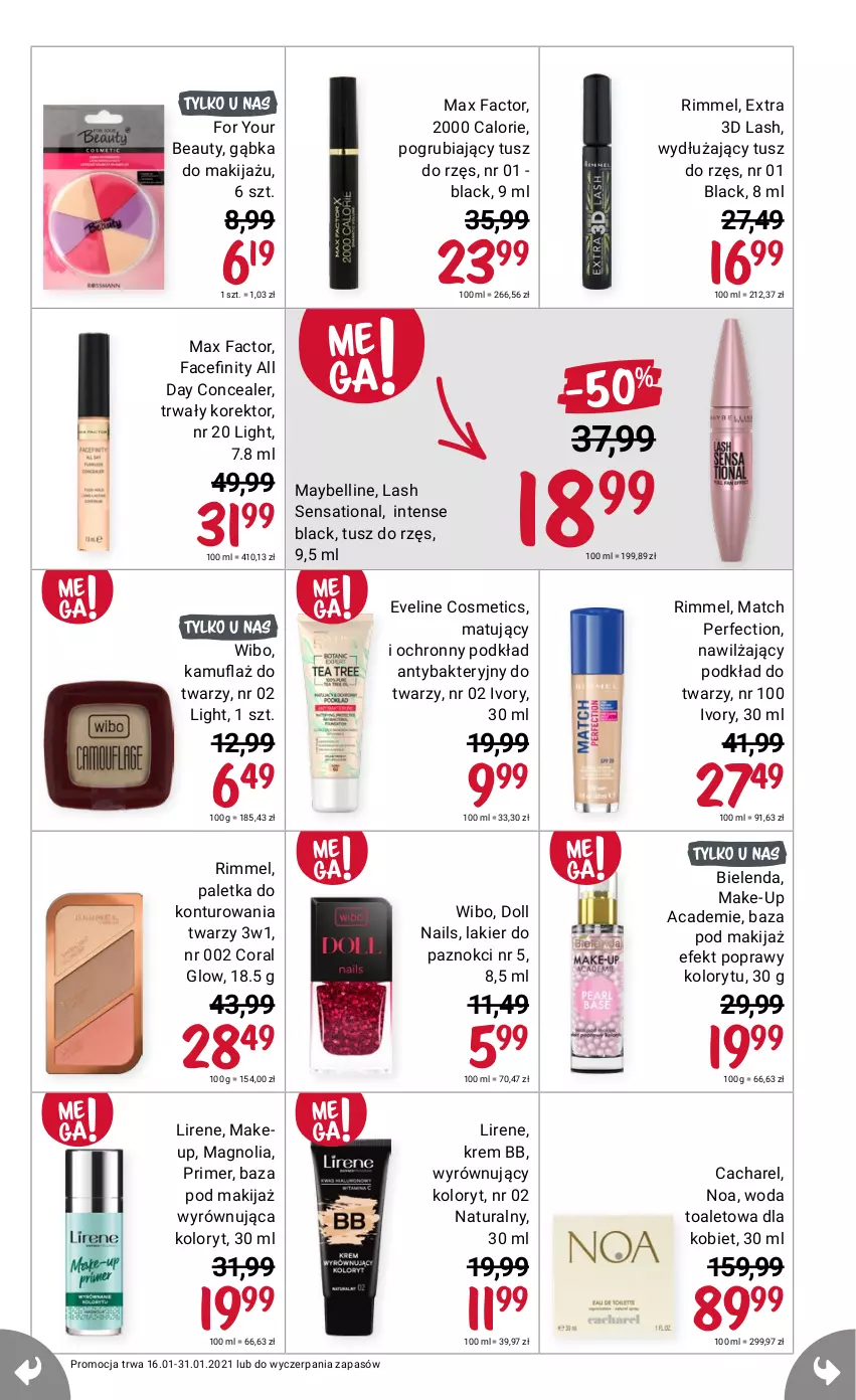 Gazetka promocyjna Rossmann - Mega przebija wszystko - ważna 16.01 do 31.01.2021 - strona 13 - produkty: Bell, Bielenda, Cacharel, Eveline, Fa, Krem bb, Lack, Lakier, Lakier do paznokci, Lirene, Max Factor, Maybelline, Sati, Wibo, Woda, Woda toaletowa