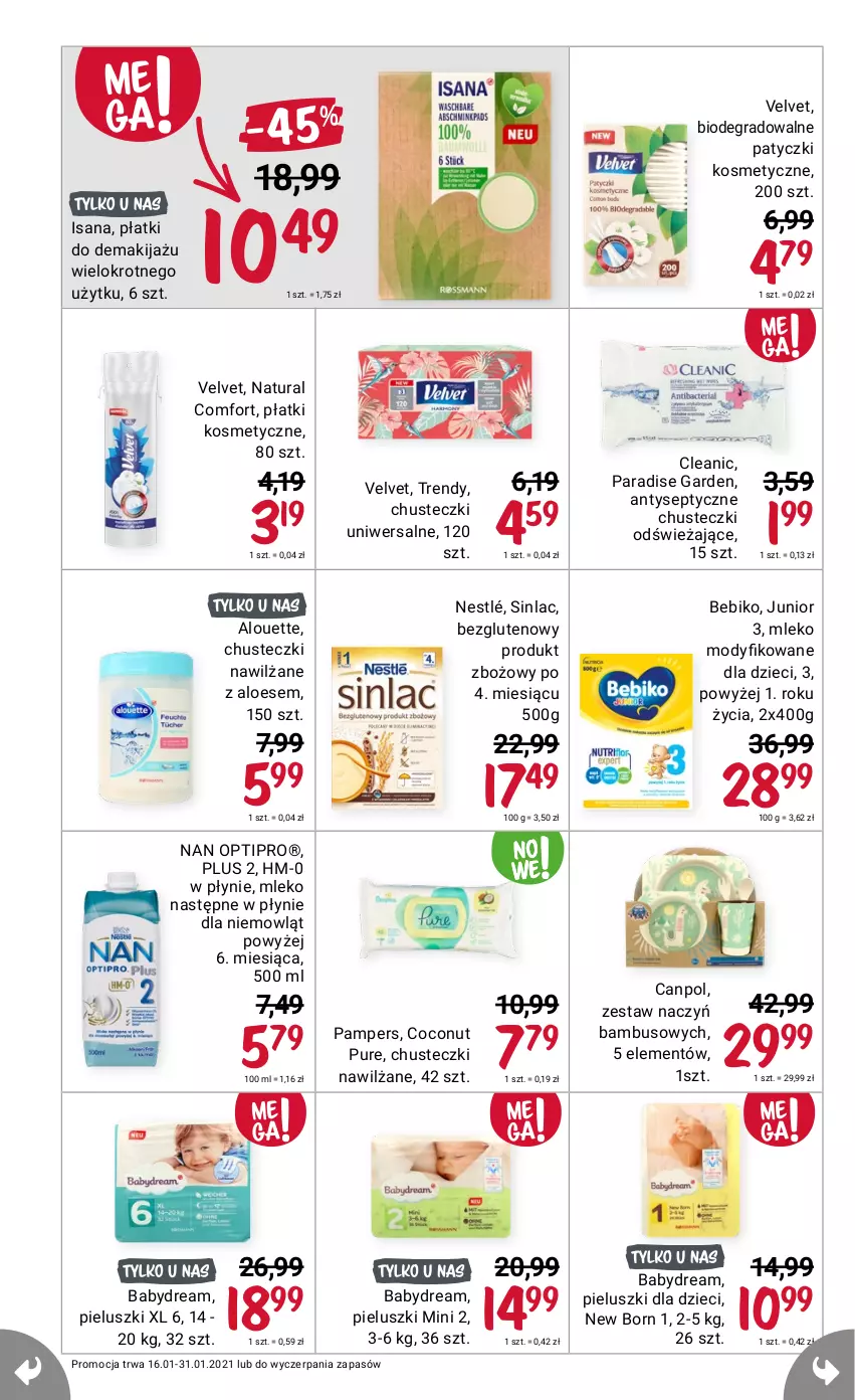 Gazetka promocyjna Rossmann - Mega przebija wszystko - ważna 16.01 do 31.01.2021 - strona 2 - produkty: Alouette, Babydream, Bebiko, Canpol, Chusteczki, Cleanic, Dzieci, NAN Optipro, Nestlé, Pampers, Patyczki kosmetyczne, Pur, Sinlac, Velvet