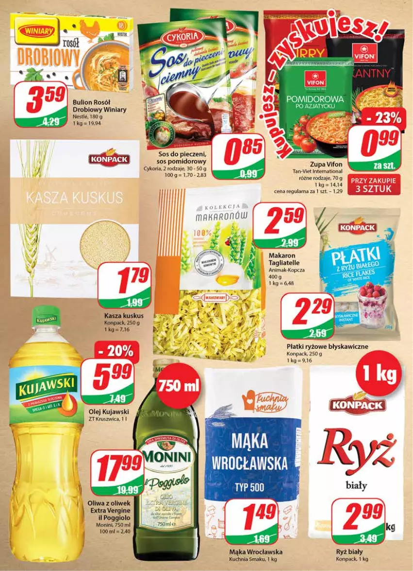 Gazetka promocyjna Dino - Gazetka - ważna 03.03 do 09.03.2021 - strona 8 - produkty: Bulion, Gin, Kasza, Kuchnia, Kujawski, Kuskus, Lion, Mąka, Monini, Olej, Oliwa z oliwek, Piec, Płatki ryżowe, Rosół, Ryż, Ryż biały, Sos, Sos pomidorowy, Tagliatelle, Winiary