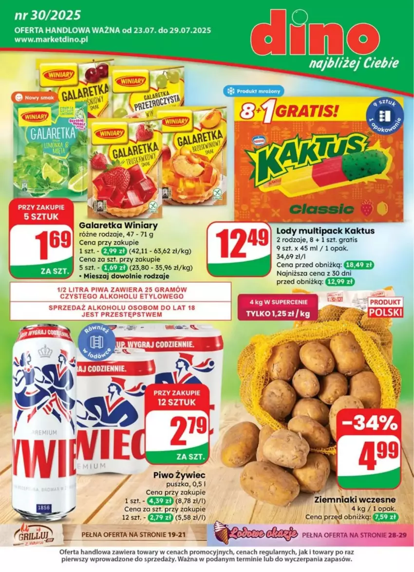 Gazetka promocyjna Dino - ważna 23.07 do 29.07.2025 - strona 1 - produkty: Gala, Galaretka, Gra, Grill, JBL, Kaktus, Lody, Piwo, Winiary, Ziemniaki