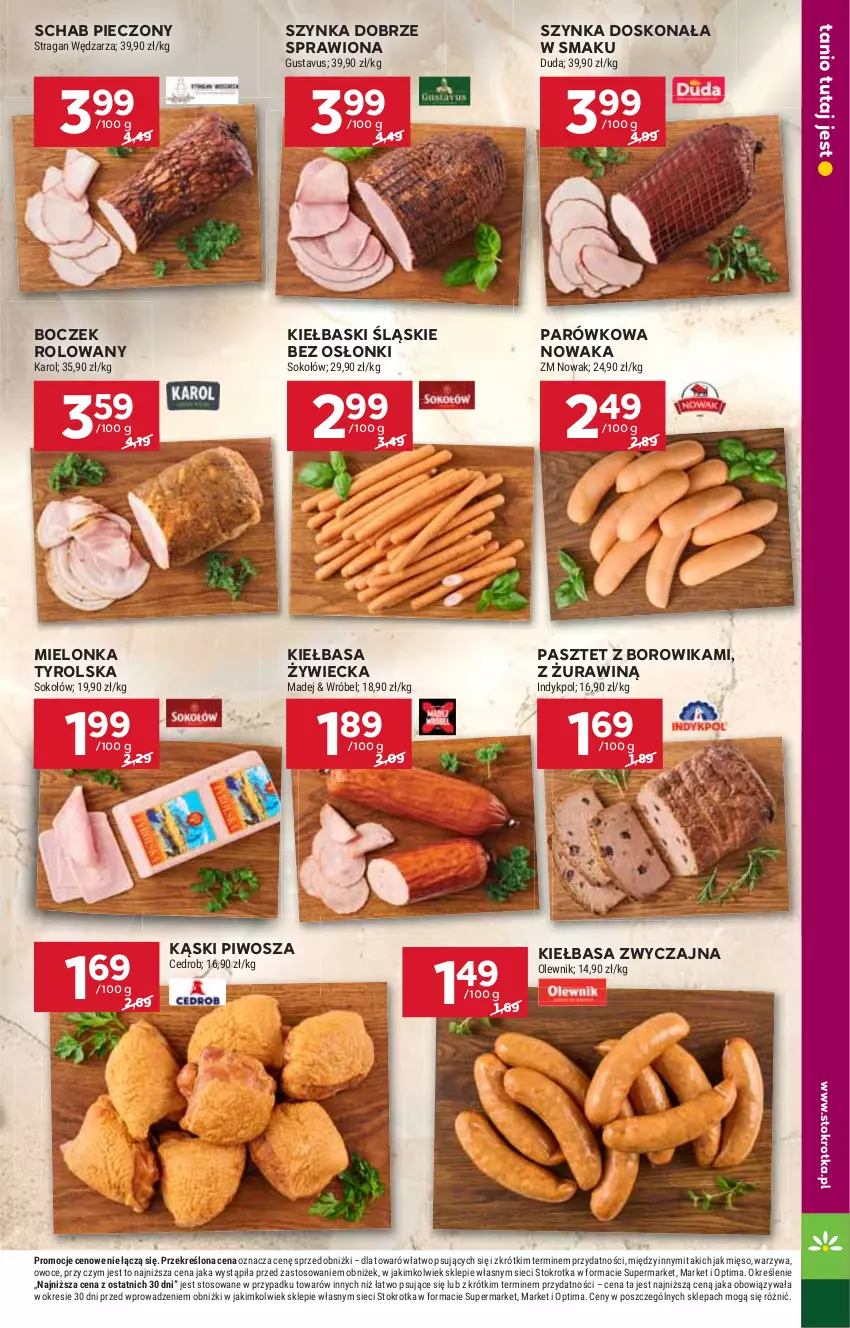 Gazetka promocyjna Stokrotka - Supermarket - ważna 06.08 do 12.08.2026 - strona 13 - produkty: Boczek, Duda, Kiełbasa, Kiełbaski śląskie, Mielonka tyrolska, Mięso, NOWAK, Olewnik, Optima, Owoce, Pasztet, Piec, Piwo, Schab pieczony, Sok, Sokołów, Szynka, Warzywa