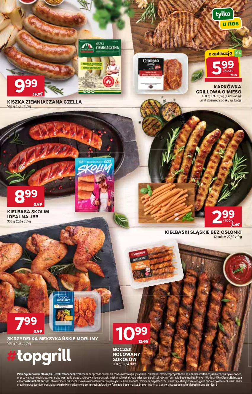Gazetka promocyjna Stokrotka - Supermarket - ważna 06.08 do 12.08.2026 - strona 16 - produkty: Boczek, Grill, Kiełbasa, Kiełbaski śląskie, Mięso, Morliny, Optima, Owoce, Sok, Sokołów, Warzywa