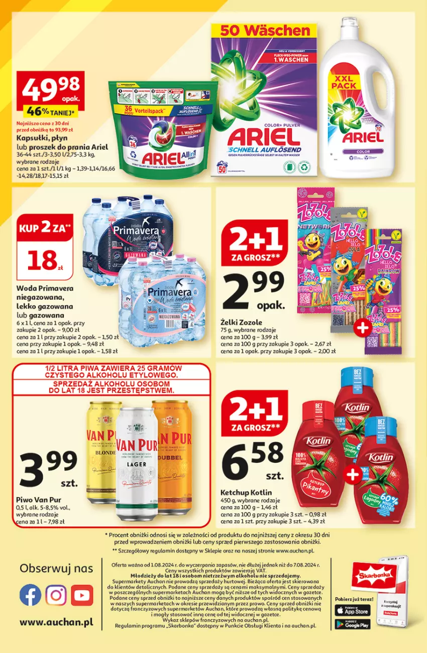 Gazetka promocyjna Auchan - Moje Auchan - ważna 01.08 do 07.08.2024 - strona 10 - produkty: Ariel, Gra, Ketchup, Kotlin, Piwa, Piwo, Prima, Primavera, Proszek do prania, Pur, Ser, Tera, Woda