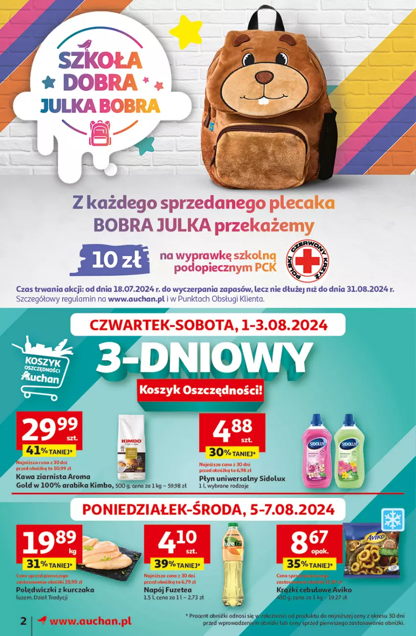 Gazetka promocyjna Auchan - Moje Auchan - ważna 01.08 do 07.08.2024 - strona 2 - produkty: Kawa, Kawa ziarnista, Kosz, Krążki cebulowe, Kurczak, Napój, Piec, Plecak, Polędwiczki z kurczaka, Sidolux