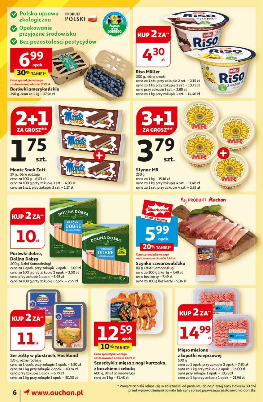 Gazetka promocyjna Auchan - Moje Auchan - ważna 01.08 do 07.08.2024 - strona 8 - produkty: Hochland, Kurczak, Mięso, Mięso mielone, Mięso mielone z łopatki wieprzowej, Monte, Parówki, Ser, Słynne, Szynka, Zott