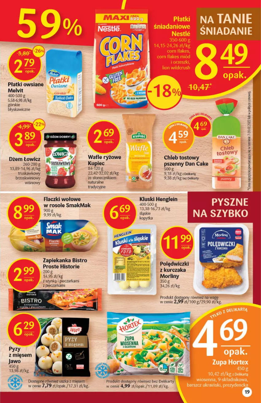 Gazetka promocyjna Delikatesy Centrum - Gazetka DC16 - ważna 28.04 do 04.05.2022 - strona 19 - produkty: Chleb, Chleb tostowy, Dan Cake, Dżem, Flaczki wołowe, Kopytka, Kupiec, Morliny, Piec, Pieczarka, Płatki owsiane, Ryż, Wafle, Zapiekanka