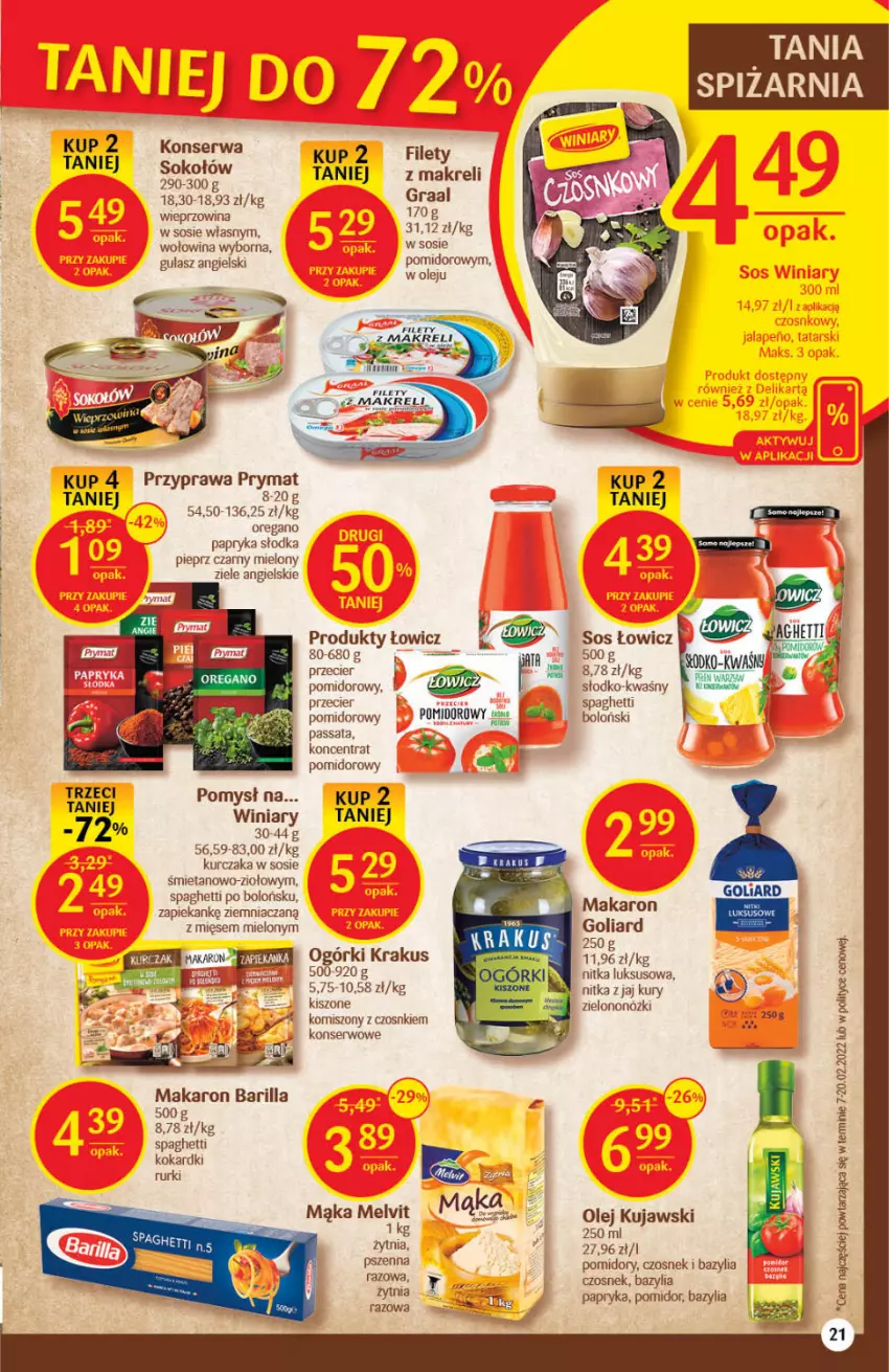 Gazetka promocyjna Delikatesy Centrum - Gazetka DC16 - ważna 28.04 do 04.05.2022 - strona 21 - produkty: Barilla, Bazyl, Bazylia, Czosnek, Goliard, Gra, Graal, Korniszony, Krakus, Kujawski, Kurczak, Mąka, Makaron, Melvit, Mop, Olej, Papryka, Papryka słodka, Pieprz, Pomidory, Prymat, Rurki, Ser, Sok, Sokołów, Sos, Spaghetti, Wieprzowina, Winiary, Wołowina, Ziele angielskie