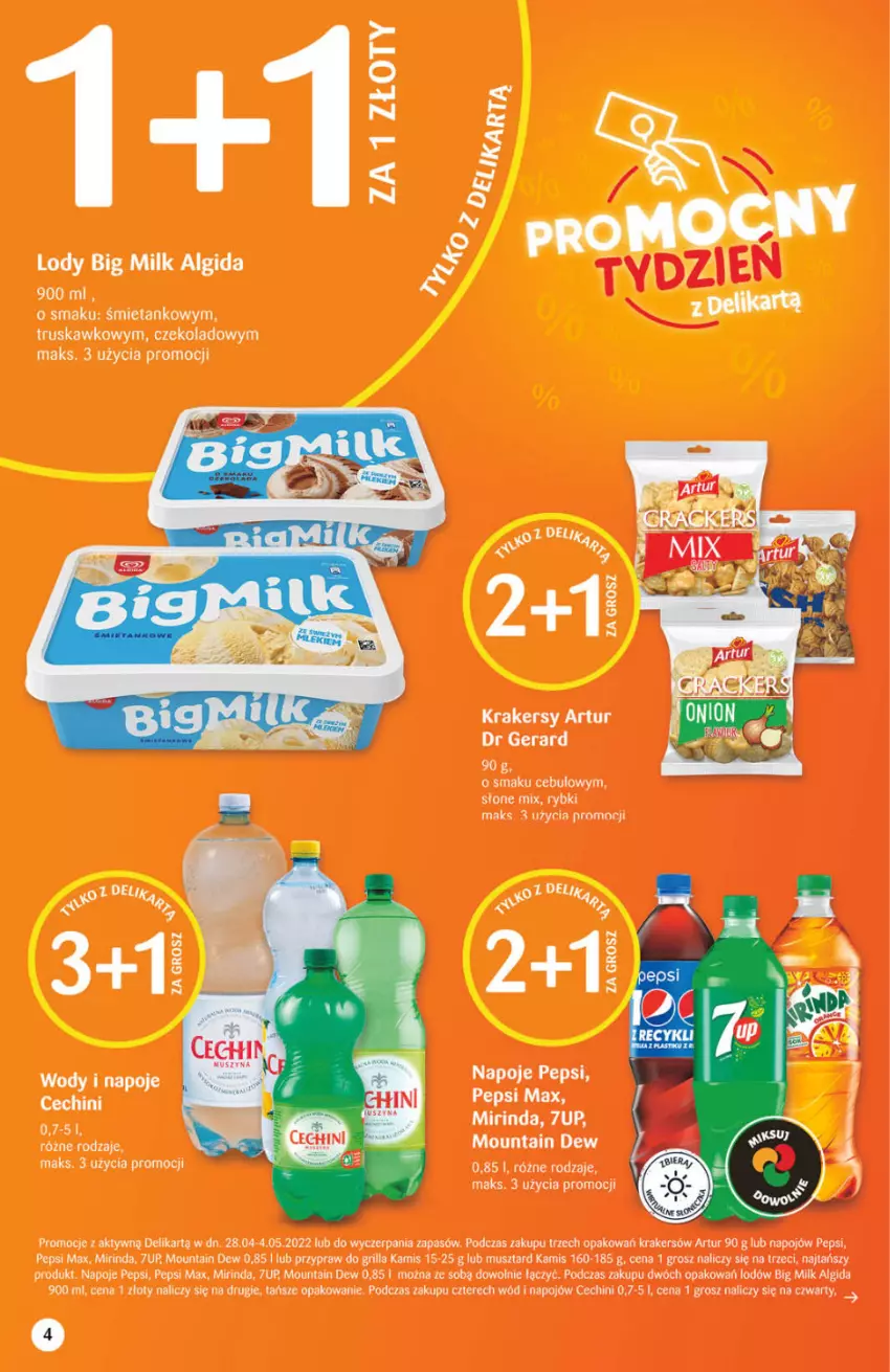 Gazetka promocyjna Delikatesy Centrum - Gazetka DC16 - ważna 28.04 do 04.05.2022 - strona 4 - produkty: 7up, Algida, Artur, Big Milk, Dr Gerard, Grill, Kamis, Krakersy, LG, Mirinda, Mus, Napoje, Pepsi, Pepsi max