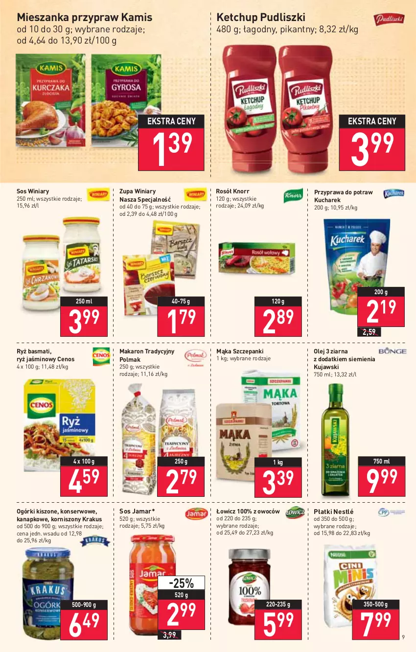 Gazetka promocyjna Stokrotka - Market - ważna 20.01 do 26.01.2022 - strona 9 - produkty: Cenos, Kamis, Ketchup, Knorr, Korniszony, Krakus, Kucharek, Kujawski, Mąka, Makaron, Nestlé, Olej, Olma, Przyprawa do potraw, Pudliszki, Rosół, Ryż, Ryż basmati, Ser, Sos, Winiary, Zupa