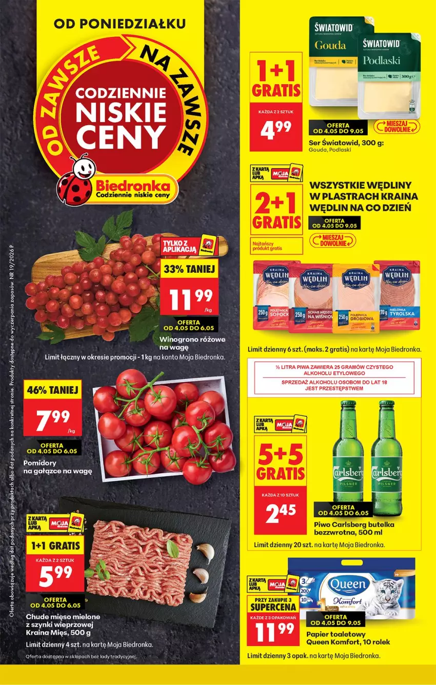 Gazetka promocyjna Biedronka - Od Poniedziałku - ważna 04.05 do 09.05.2026 - strona 1 - produkty: Fa, Gouda, Gra, Kret, Mięso, Mięso mielone, Mięso mielone z szynki, Piwa, Podlaski, Wino