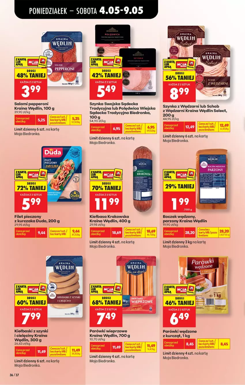 Gazetka promocyjna Biedronka - Od Poniedziałku - ważna 04.05 do 09.05.2026 - strona 38 - produkty: Boczek, Duda, Kiełbasa, Kiełbasa krakowska, Kurczak, Orka, Parówki, Piec, Polędwica, Salami, Szynka