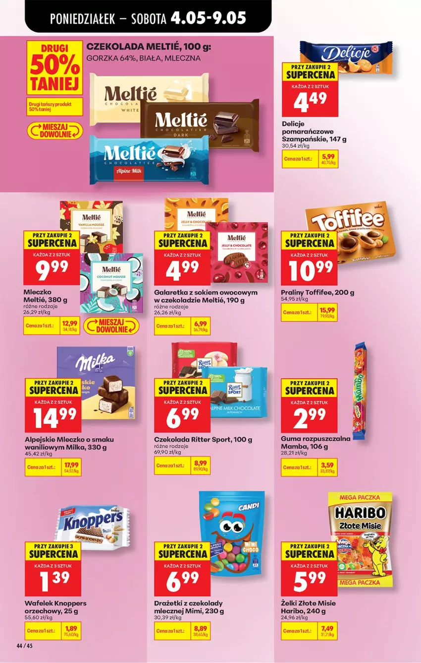 Gazetka promocyjna Biedronka - Od Poniedziałku - ważna 04.05 do 09.05.2026 - strona 50 - produkty: Czekolada, Delicje, Gala, Galaretka, Guma rozpuszczalna, Haribo, Knoppers, Mamba, Milka, Mleczko, Por, Praliny, Ritter Sport, Sok, Sport, Toffifee, Wafelek