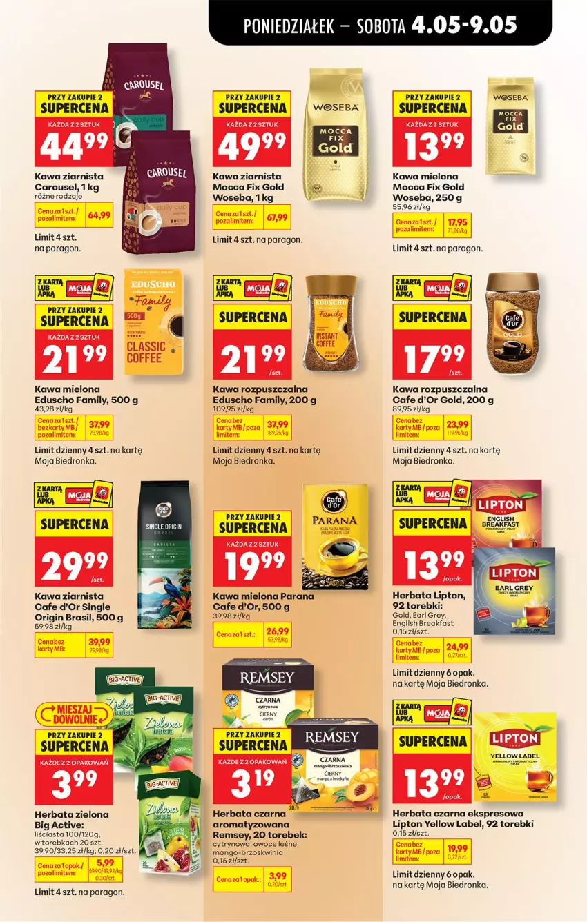 Gazetka promocyjna Biedronka - Od Poniedziałku - ważna 04.05 do 09.05.2026 - strona 57 - produkty: Earl Grey, Fa, Gin, Herbata, Herbata czarna, Kawa, Kawa mielona, Kawa rozpuszczalna, Kawa ziarnista, Lipton, Mango, Mocca Fix Gold, Owoce, Torebka, Woseba