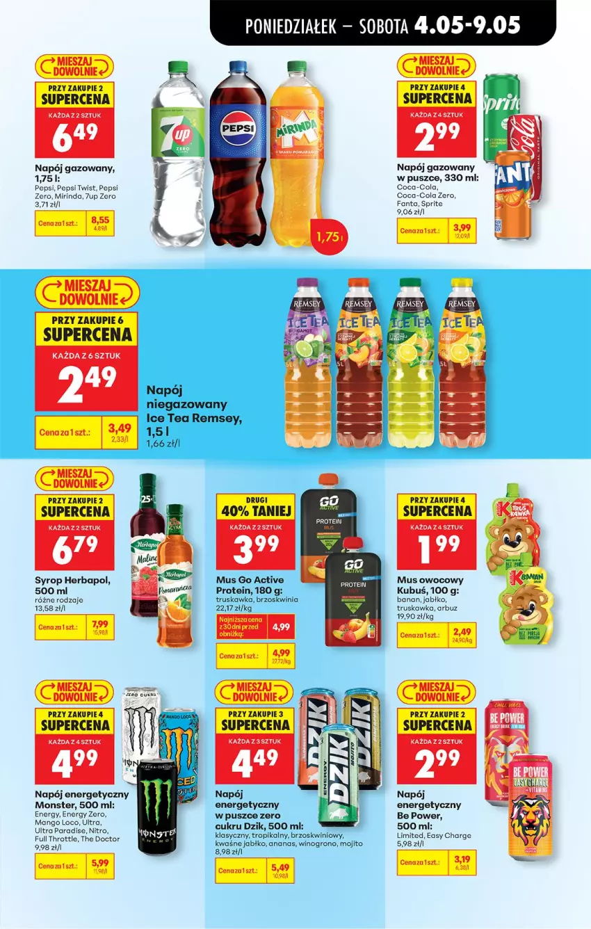 Gazetka promocyjna Biedronka - Od Poniedziałku - ważna 04.05 do 09.05.2026 - strona 59 - produkty: 7up, Ananas, Arbuz, Coca-Cola, Fa, Fanta, Full Throttle, Herbapol, Kubuś, Mirinda, Mus, Napój, Napój energetyczny, Napój gazowany, Pepsi, Sok, Sprite, Syrop, Wino