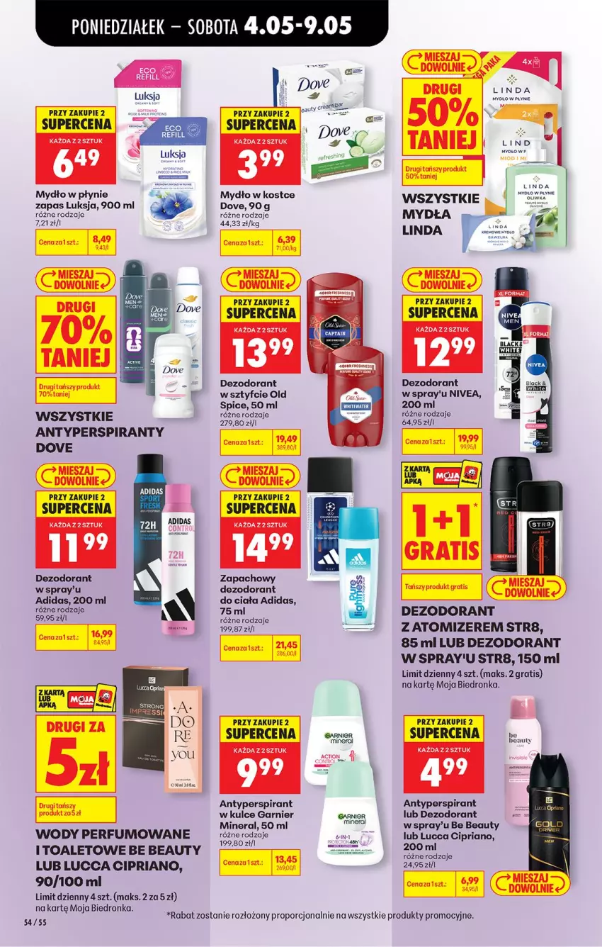 Gazetka promocyjna Biedronka - Od Poniedziałku - ważna 04.05 do 09.05.2026 - strona 64 - produkty: Adidas, Antyperspirant, Be Be, Dezodorant, Dove, Garnier, Gra, Luksja, Mydło, Mydło w płynie, Nivea, Perfum, Por, Str8