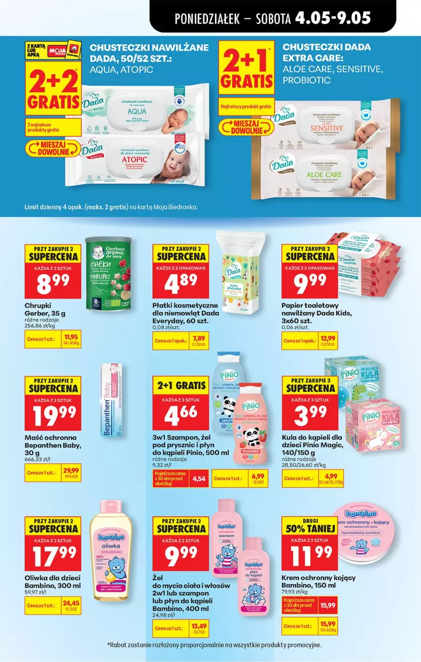 Gazetka promocyjna Biedronka - Od Poniedziałku - ważna 04.05 do 09.05.2026 - strona 67 - produkty: Bepanthen, Chrupki, Chusteczki, Dada, Dzieci, Fa, Gerber, HP, Kula do kąpieli, Oliwka dla dzieci, Papier, Papier toaletowy, Płatki kosmetyczne, Płyn do kąpieli, Por, Szampon, Top