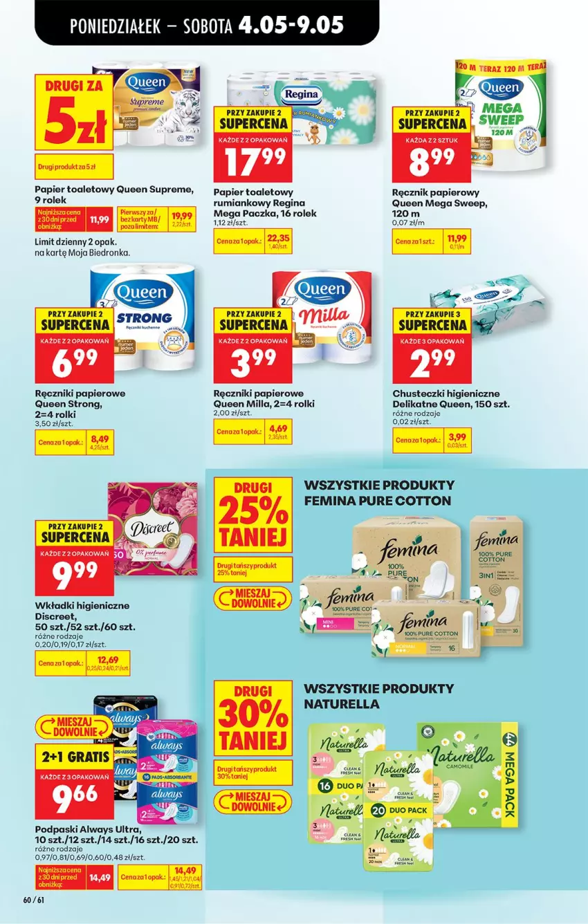 Gazetka promocyjna Biedronka - Od Poniedziałku - ważna 04.05 do 09.05.2026 - strona 70 - produkty: Always, Always Ultra, Chusteczki, Discreet, Fa, Gin, Naturell, Naturella, Noż, Papier, Papier toaletowy, Podpaski, Pur, Ręcznik, Ręczniki papierowe, Rolki, Rum, Tera, Wkładki