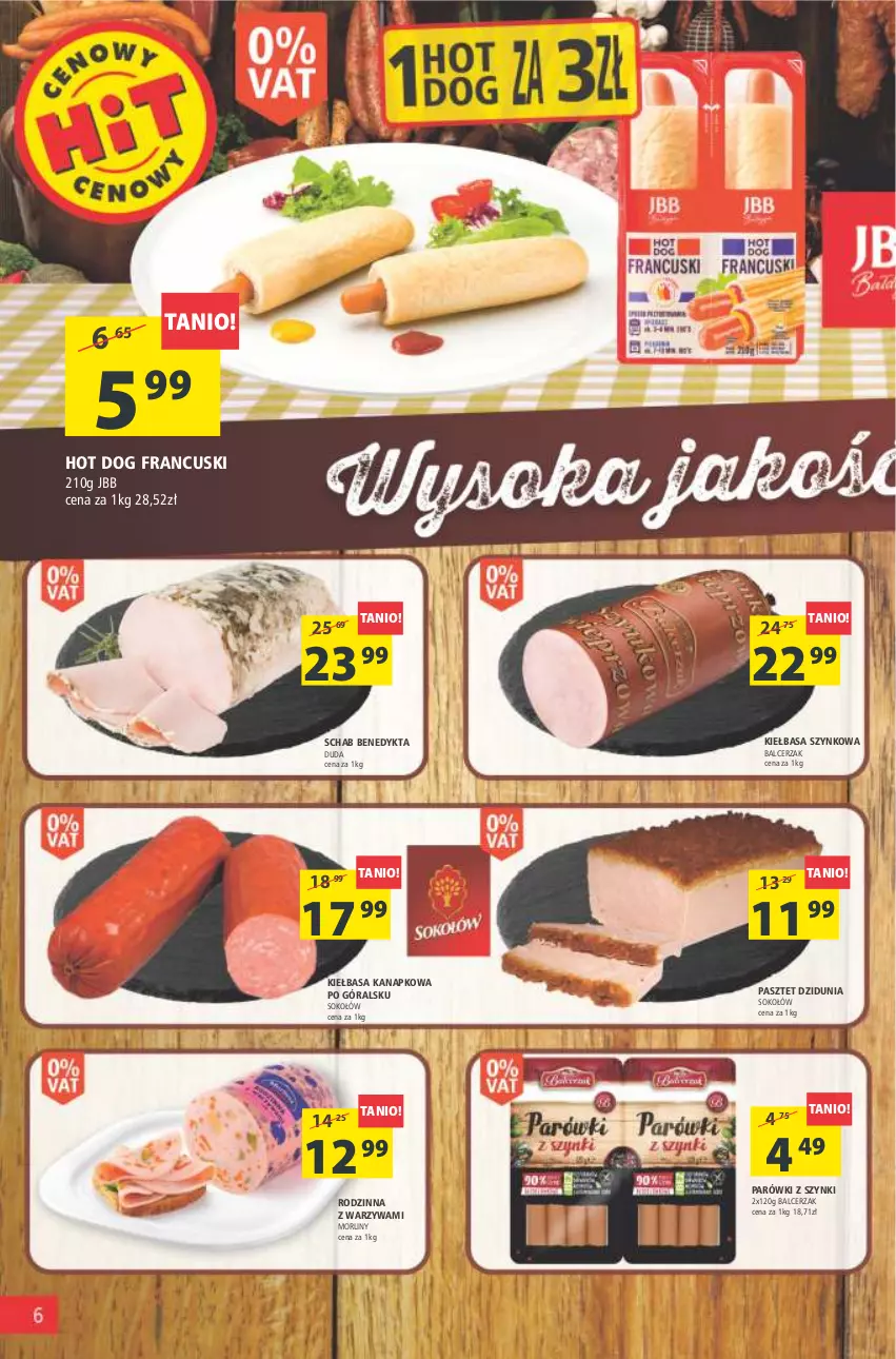 Gazetka promocyjna Arhelan - Gazetka - ważna 11.02 do 20.02.2022 - strona 6 - produkty: Duda, Hot dog, Kiełbasa, Kiełbasa szynkowa, Morliny, Parówki, Parówki z szynki, Pasztet, Schab Benedykta, Sok, Sokołów, Warzywa