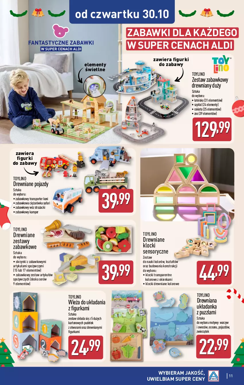 Gazetka promocyjna Aldi - Artykuły przemysłowe i tekstylia - ważna 27.10 do 30.10.2025 - strona 11 - produkty: Deska serów, Drewniane klocki, Fa, Klocki, Pojazd, Por, Rakieta, Ser, Sport, Tran, Układanka, Wóz strażacki