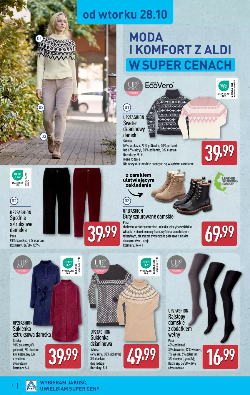 Gazetka promocyjna Aldi - Artykuły przemysłowe i tekstylia - ważna 27.10 do 30.10.2025 - strona 6 - produkty: Buty, Fa, Kosz, Moda, Rajstopy, Spodnie, Spodnie sztruksowe, Sukienka, Sweter, Top, Wełna
