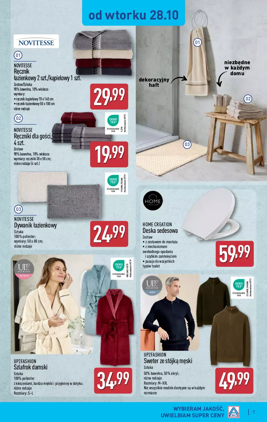 Gazetka promocyjna Aldi - Artykuły przemysłowe i tekstylia - ważna 27.10 do 30.10.2025 - strona 7 - produkty: Deska sedesowa, Dywan, Dywanik, Dywanik łazienkowy, Fa, Ręcznik, Ręcznik kąpielowy, Sweter, Szlafrok, Wełna