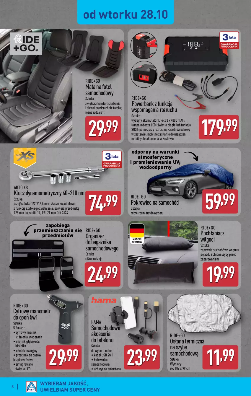 Gazetka promocyjna Aldi - Artykuły przemysłowe i tekstylia - ważna 27.10 do 30.10.2025 - strona 8 - produkty: Akumulator, Bieżnik, Fotel, Hama, Kabel USB, Lampa, Lampa robocza LED, LG, Młot, Młotek, Mobil, O Bag, Organizer, Piec, Pochłaniacz wilgoci, Pojazd, Pokrowiec, Pokrowiec na samochód, Por, Powerbank, Samochód, Silan, Smartfon, Sos, Telefon, Warka