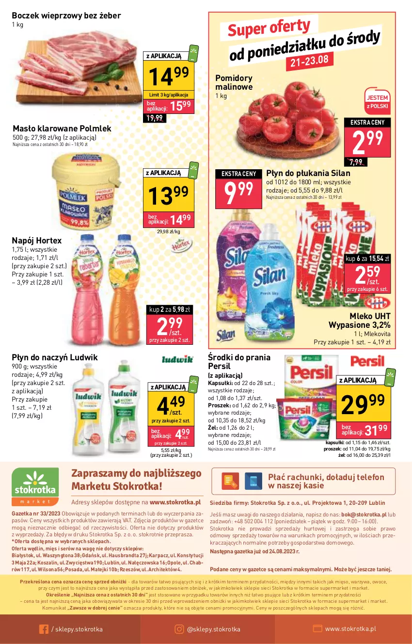 Gazetka promocyjna Stokrotka - Market - ważna 17.08 do 23.08.2023 - strona 14 - produkty: Boczek, Boczek wieprzowy, Dres, Hortex, JBL, Karp, Kosz, Ludwik, Masło, Masło klarowane, Mięso, Mleko, Mlekovita, Napój, O nas, Owoce, Persil, Płyn do płukania, POLMLEK, Pomidory, Ser, Silan, Szal, Telefon, Wagi, Warzywa, Wilson