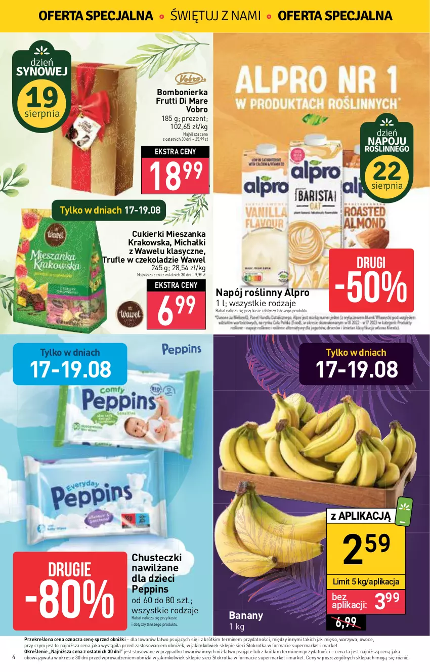 Gazetka promocyjna Stokrotka - Market - ważna 17.08 do 23.08.2023 - strona 4 - produkty: Alpro, Banany, Chusteczki, Cukier, Cukierki, Dzieci, Michałki, Mięso, Napój, Napój roślinny, Owoce, Warzywa, Wawel