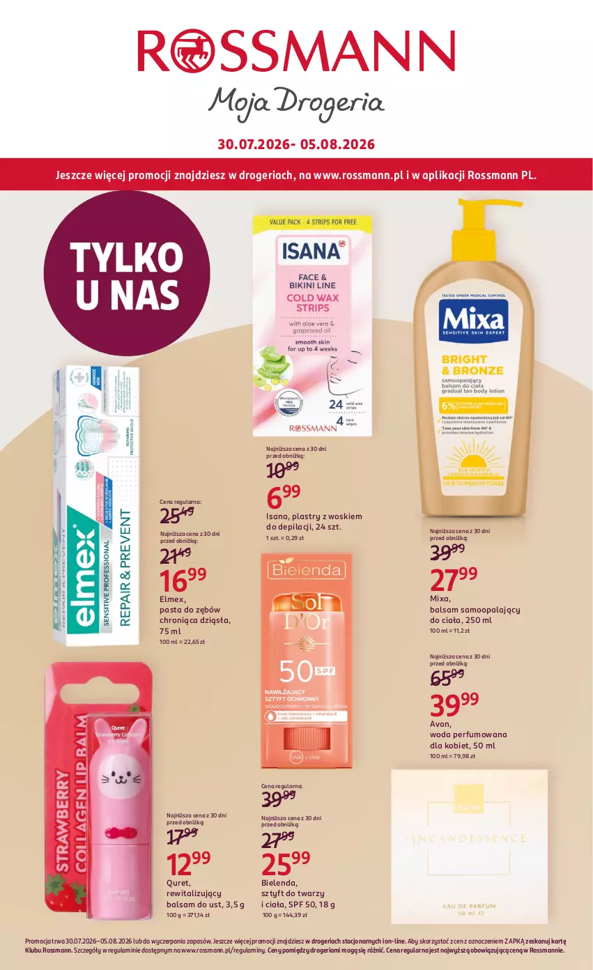 Gazetka promocyjna Rossmann - Gazetka promocyjna Rossmanna - ważna 30.07 do 05.08.2026 - strona 1 - produkty: Balsam do ust, Bielenda, Elmex, Isana, Mixa, Pasta do zębów, Perfum, Quret, Woda, Woda perfumowana