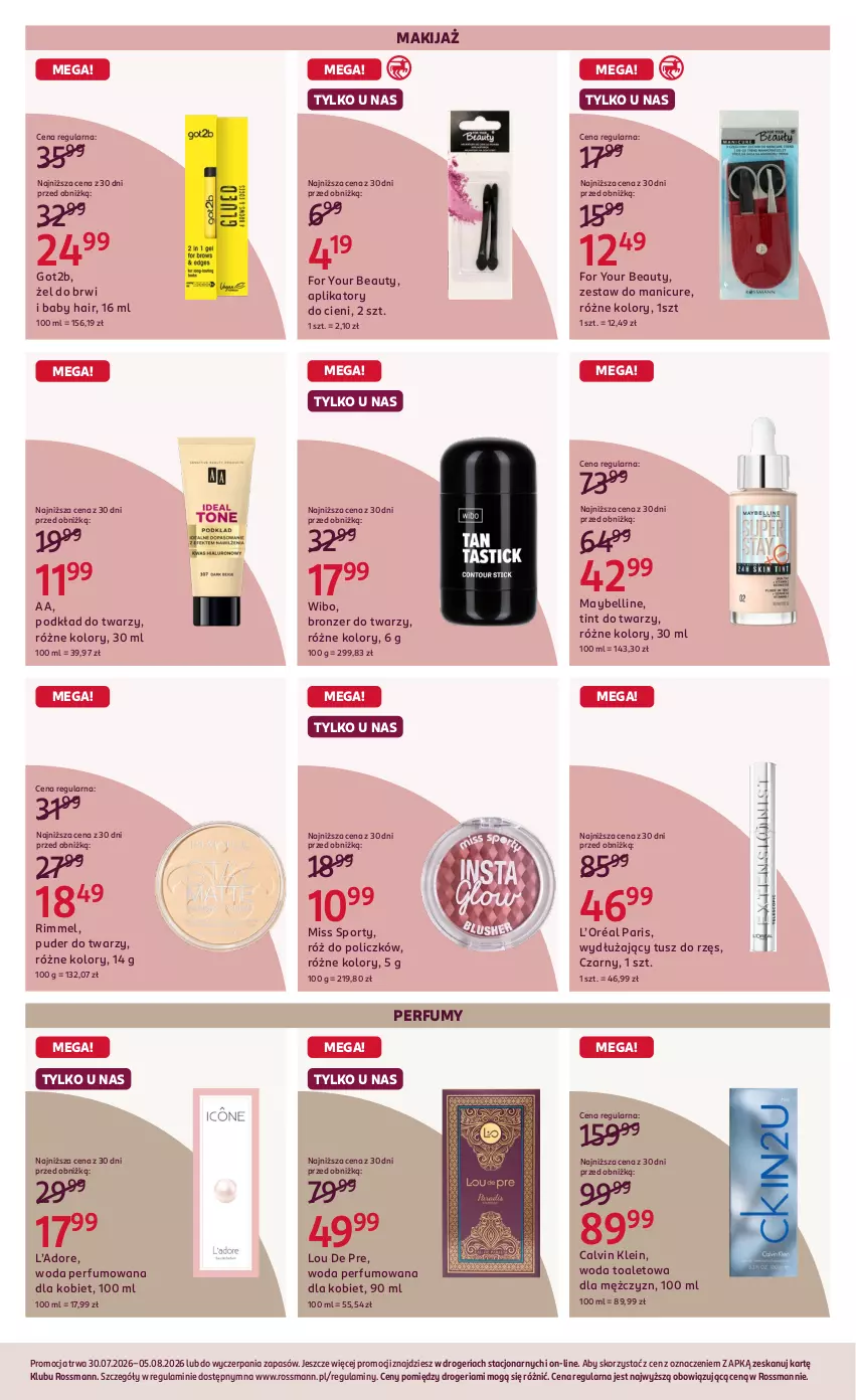 Gazetka promocyjna Rossmann - Gazetka promocyjna Rossmanna - ważna 30.07 do 05.08.2026 - strona 5 - produkty: Bell, Bronzer, Calvin Klein, For Your Beauty, Got2b, L’Oréal, Makijaż, Maybelline, Miss Sporty, Perfum, Podkład, Podkład do twarzy, Por, Puder, Puder do twarzy, Róż do policzków, Sport, Tusz, Wibo, Woda, Woda perfumowana, Woda toaletowa