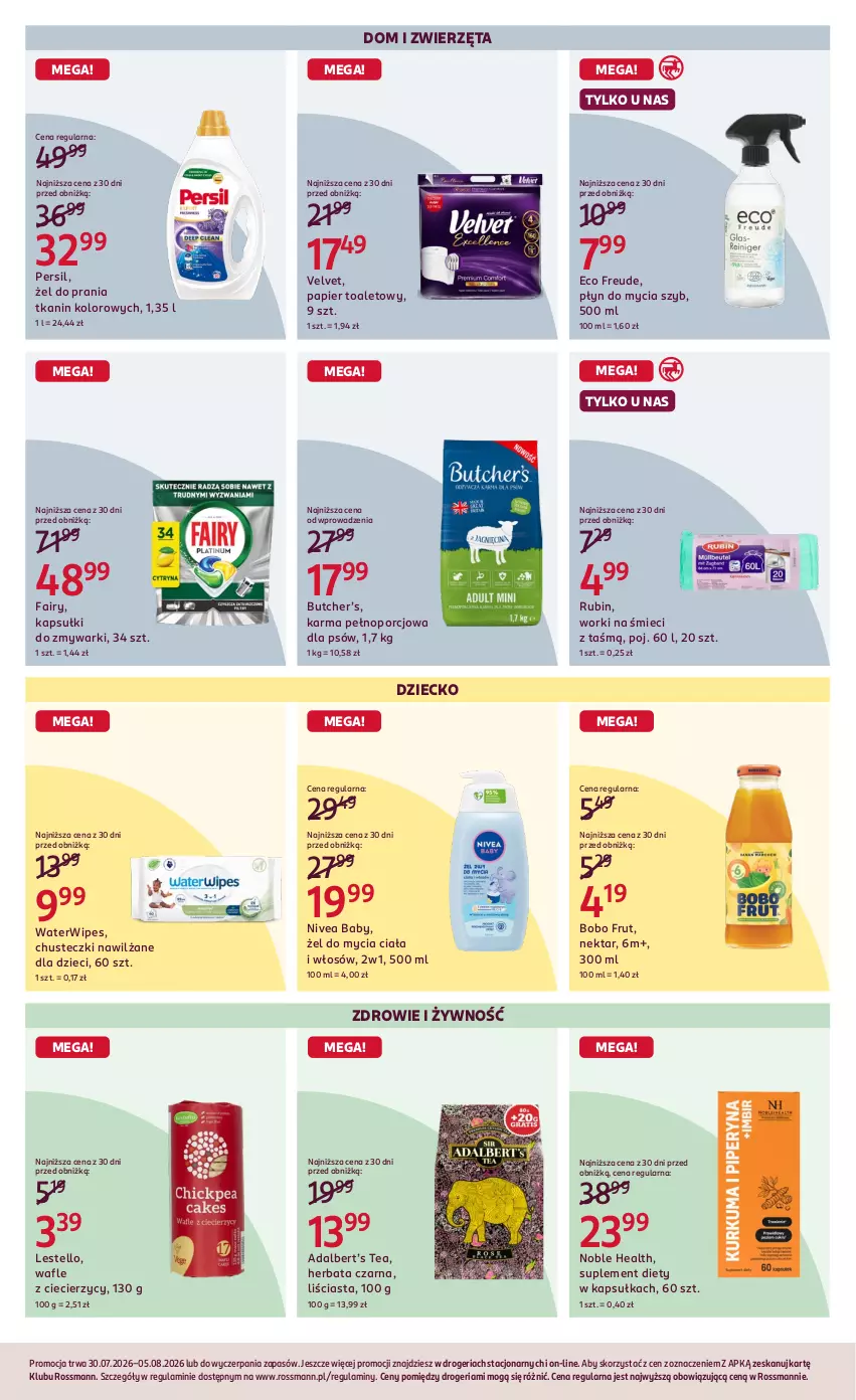 Gazetka promocyjna Rossmann - Gazetka promocyjna Rossmanna - ważna 30.07 do 05.08.2026 - strona 6 - produkty: Chusteczki, Dzieci, Fa, Fairy, Herbata, Herbata czarna, Nektar, Nivea, Nivea Baby, Papier, Papier toaletowy, Persil, Płyn do mycia, Por, Rubin, Suplement diety, Velvet, Wafle, Worki na śmiec, Worki na śmieci, Zdrowie, Zmywarki, Zwierzęta