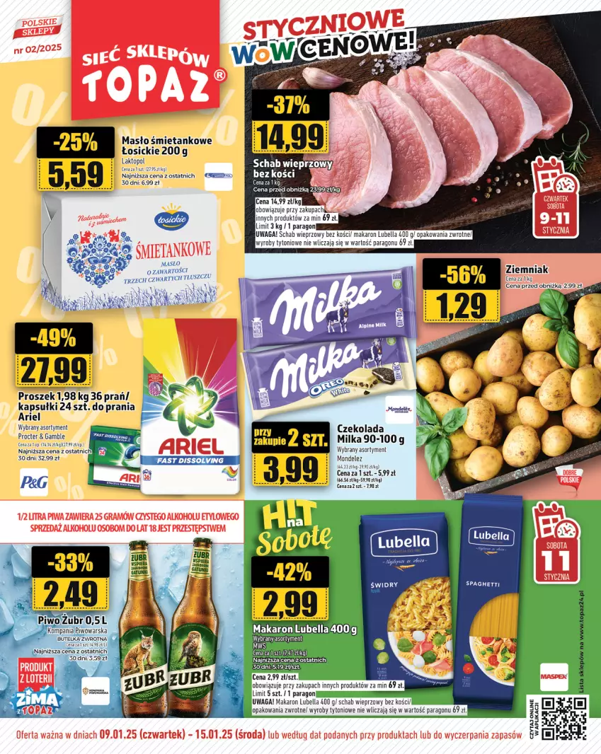 Gazetka promocyjna Topaz - Gazetka - ważna 09.01 do 15.01.2025 - strona 1 - produkty: Ariel, Bell, Bella, Czekolada, Lubella, Makaron, Masło, Milka, Piwo, Schab wieprzowy, Waga