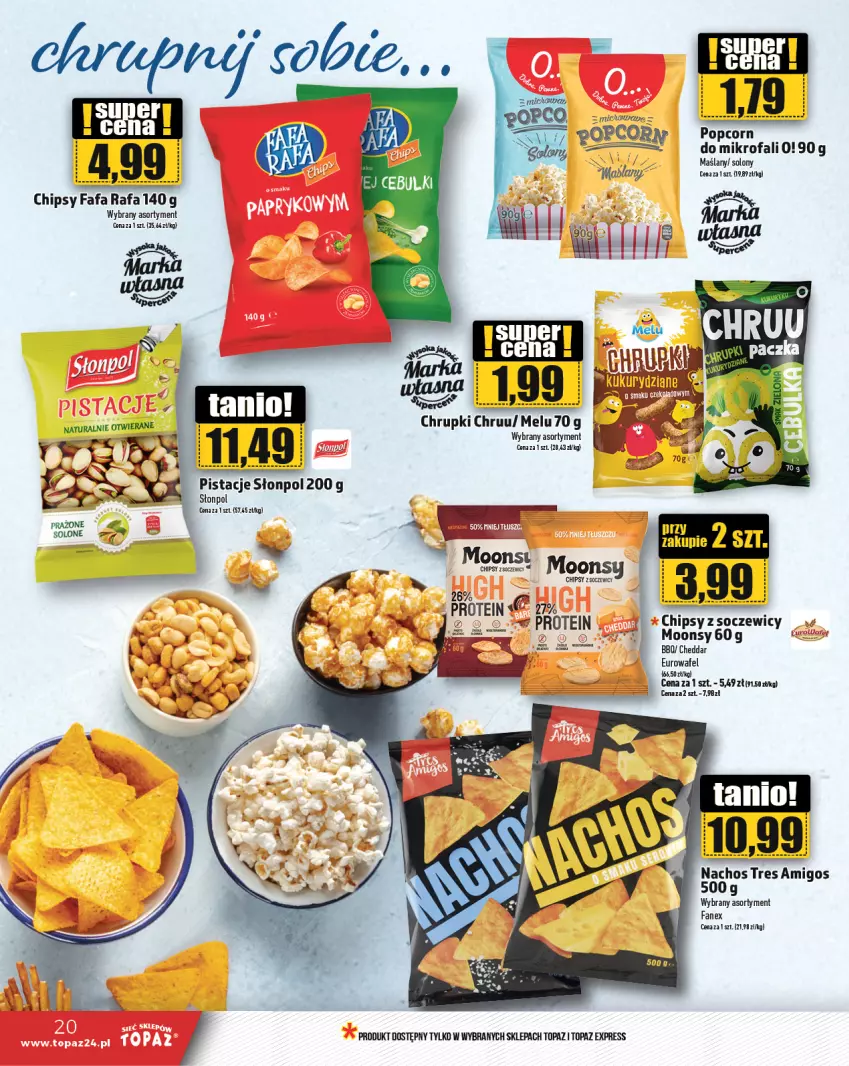 Gazetka promocyjna Topaz - Gazetka - ważna 09.01 do 15.01.2025 - strona 20 - produkty: Cheddar, Chipsy, Chrupki, Fa, Pistacje, Popcorn, Słonpol, Top