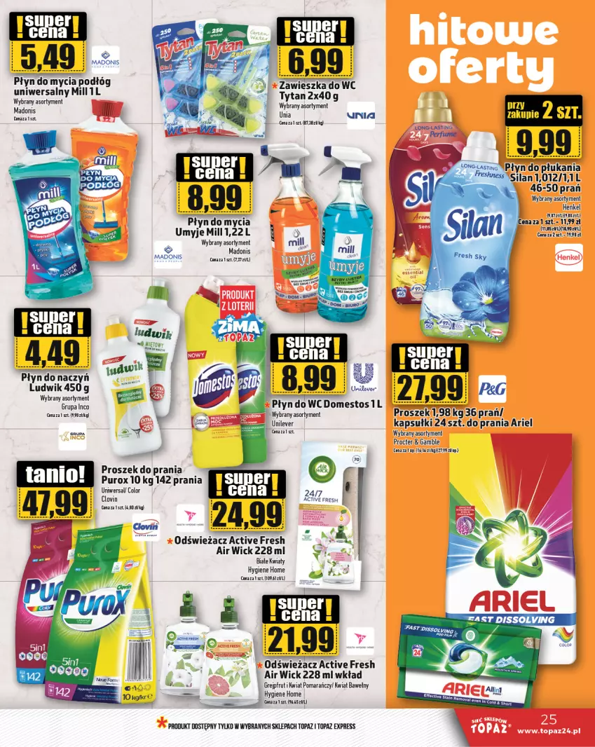 Gazetka promocyjna Topaz - Gazetka - ważna 09.01 do 15.01.2025 - strona 25 - produkty: Air Wick, Ariel, Domestos, Grejpfrut, Lovi, Ludwik, Płyn do mycia, Płyn do mycia podłóg, Płyn do wc, Proszek do prania, Pur, Silan, Top, Tytan, Zawieszka do wc