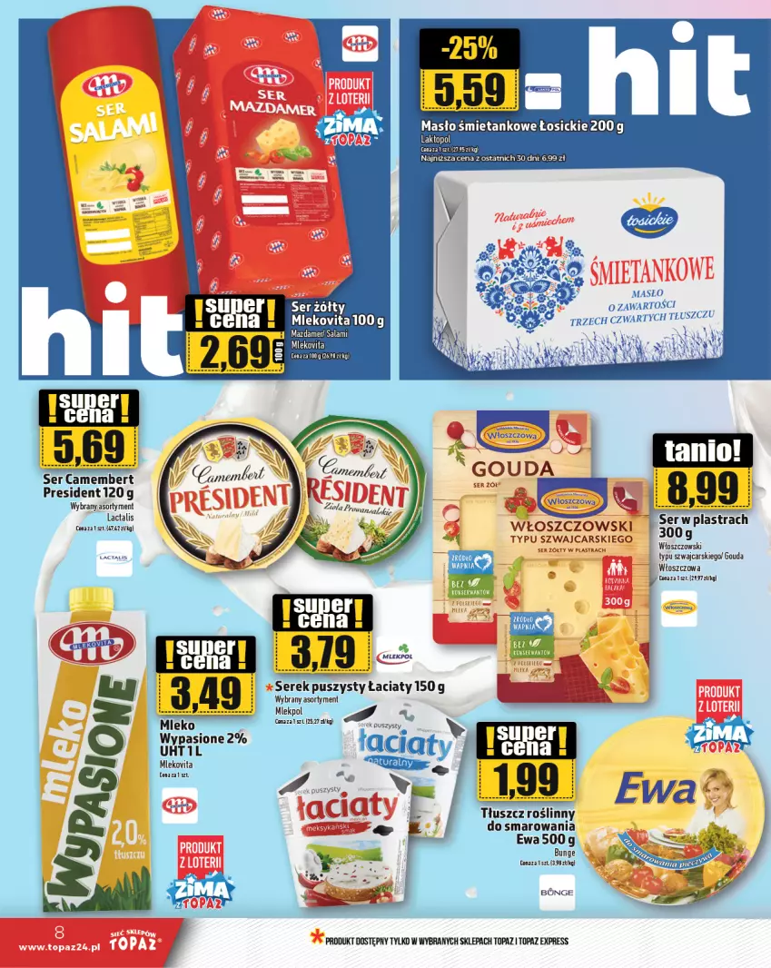 Gazetka promocyjna Topaz - Gazetka - ważna 09.01 do 15.01.2025 - strona 8 - produkty: Camembert, Cars, Gouda, Masło, Mazdamer, Mleko, Mlekovita, Salami, Ser, Serek, Serek puszysty, Tłuszcz roślinny, Top, Tusz, Vita C, Włoszczowski