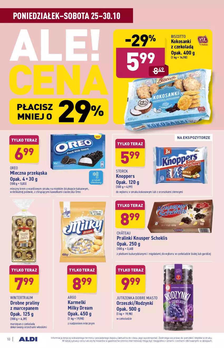 Gazetka promocyjna Aldi - ważna 25.10 do 30.10.2021 - strona 10 - produkty: Jutrzenka, Kakao, Kawa, Knoppers, Kokos, Oreo, Orzeszki, Praliny, Rodzynki, Sanki, Tera