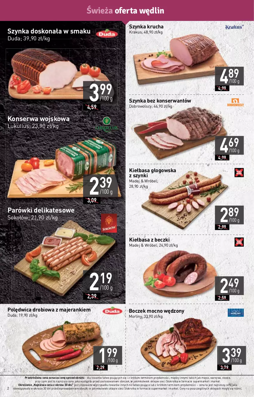 Gazetka promocyjna Stokrotka - Market - ważna 02.02 do 08.02.2023 - strona 2 - produkty: Boczek, Duda, Kiełbasa, Kiełbasa głogowska, Krakus, Mięso, Morliny, Owoce, Parówki, Polędwica, Ser, Sok, Sokołów, Szynka, Warzywa