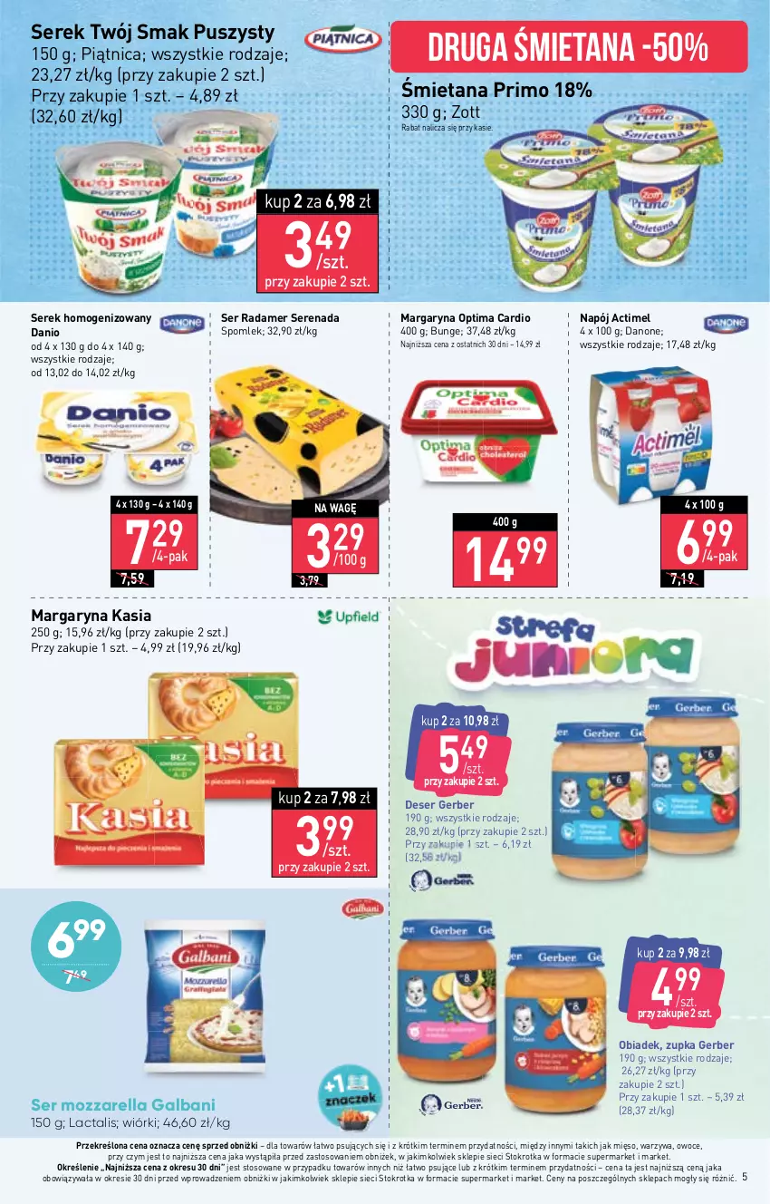 Gazetka promocyjna Stokrotka - Market - ważna 02.02 do 08.02.2023 - strona 5 - produkty: Actimel, Danio, Danone, Deser, Galbani, Gerber, Kasia, Margaryna, Mięso, Mozzarella, Napój, Optima, Optima Cardio, Owoce, Piątnica, Radamer, Ser, Serek, Serek homogenizowany, Twój Smak, Warzywa, Zott