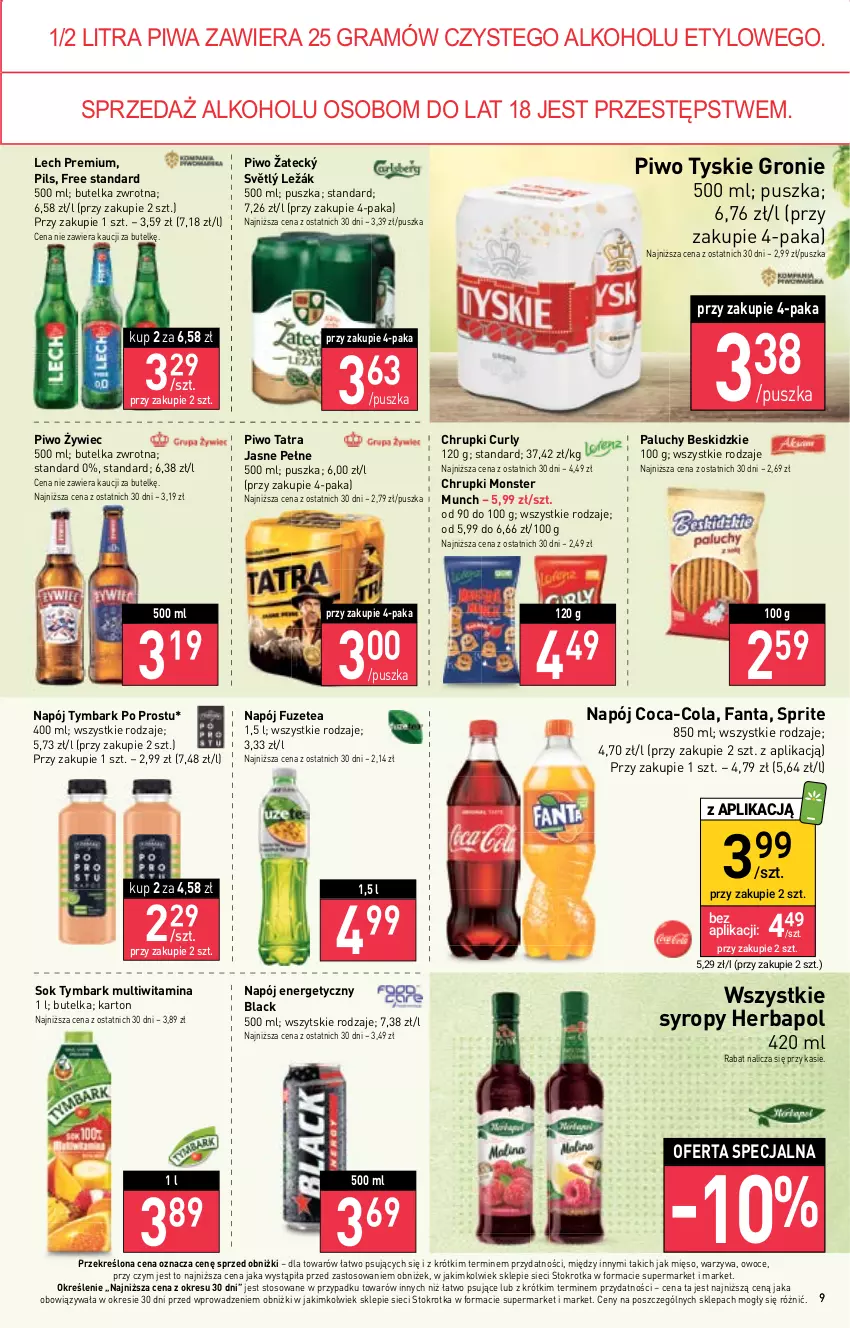 Gazetka promocyjna Stokrotka - Market - ważna 02.02 do 08.02.2023 - strona 9 - produkty: Beskidzki, Chrupki, Coca-Cola, Fa, Fanta, Gra, Herbapol, Lack, Lech Premium, Mięso, Monster Munch, Napój, Napój energetyczny, Owoce, Piwa, Piwo, Sok, Sprite, Syrop, Syropy, Tatra, Tymbark, Tyskie, Warzywa