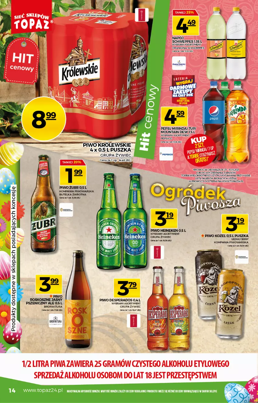 Gazetka promocyjna Topaz - Gazetka - ważna 25.03 do 31.03.2021 - strona 14 - produkty: 7up, Desperados, Fa, Gin, Kosz, Kozel, Królewski, Mirinda, Pepsi, Piwo, Schweppes, Sok, Top, Torba