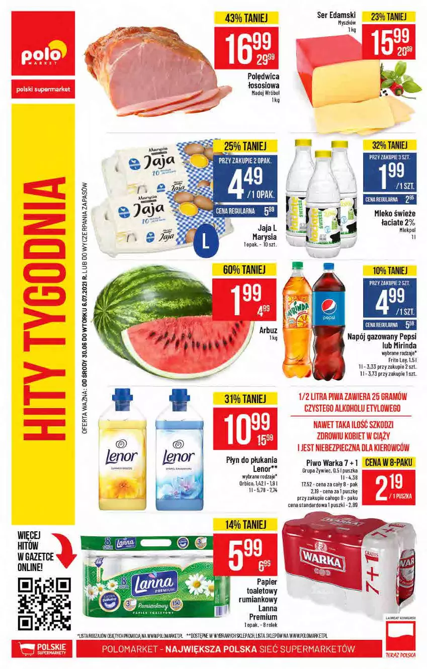 Gazetka promocyjna PoloMarket - Gazetka pomocyjna - ważna 30.06 do 06.07.2021 - strona 58 - produkty: BIC, Edam, Jaja, Lenor, Madej Wróbel, Mirinda, Mleko, Mysz, Napój, Napój gazowany, Papier, Papier toaletowy, Pepsi, Piwo, Polędwica, Rum, Ser, Sos, Warka