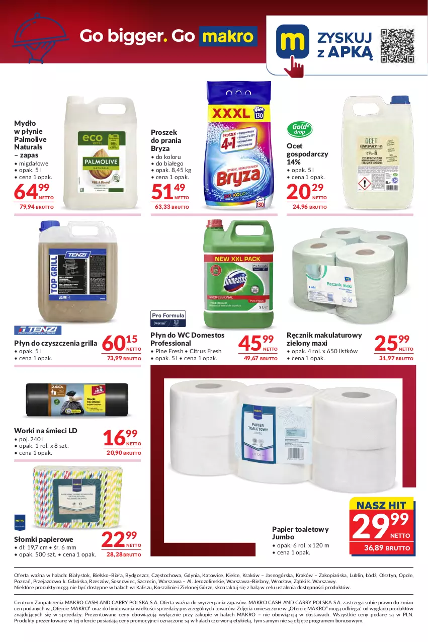 Gazetka promocyjna Makro - Oferta dla gastronomii - ważna 23.06 do 07.07.2026 - strona 10 - produkty: Bryza, Domestos, Gra, Grill, Kosz, Mydło, Mydło w płynie, Ocet, Palmolive, Papier, Papier toaletowy, Płyn do wc, Proszek do prania, Ręcznik, Rum, Sos, Szal, Worki na śmiec, Worki na śmieci