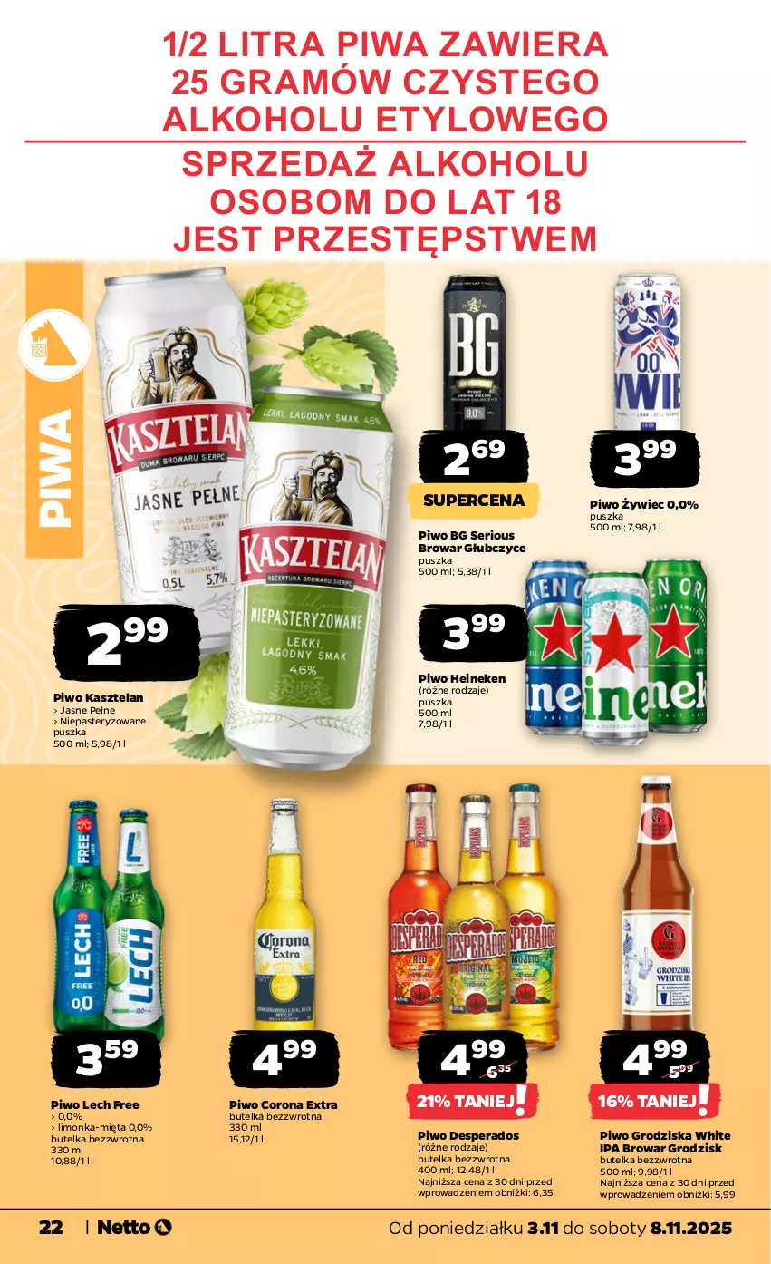 Gazetka promocyjna Netto - Od Poniedziałku - ważna 03.11 do 08.11.2025 - strona 22 - produkty: Corona Extra, Desperados, Gra, Heineken, Kasztelan, Limonka, Mięta, Piwa, Piwo, Ser