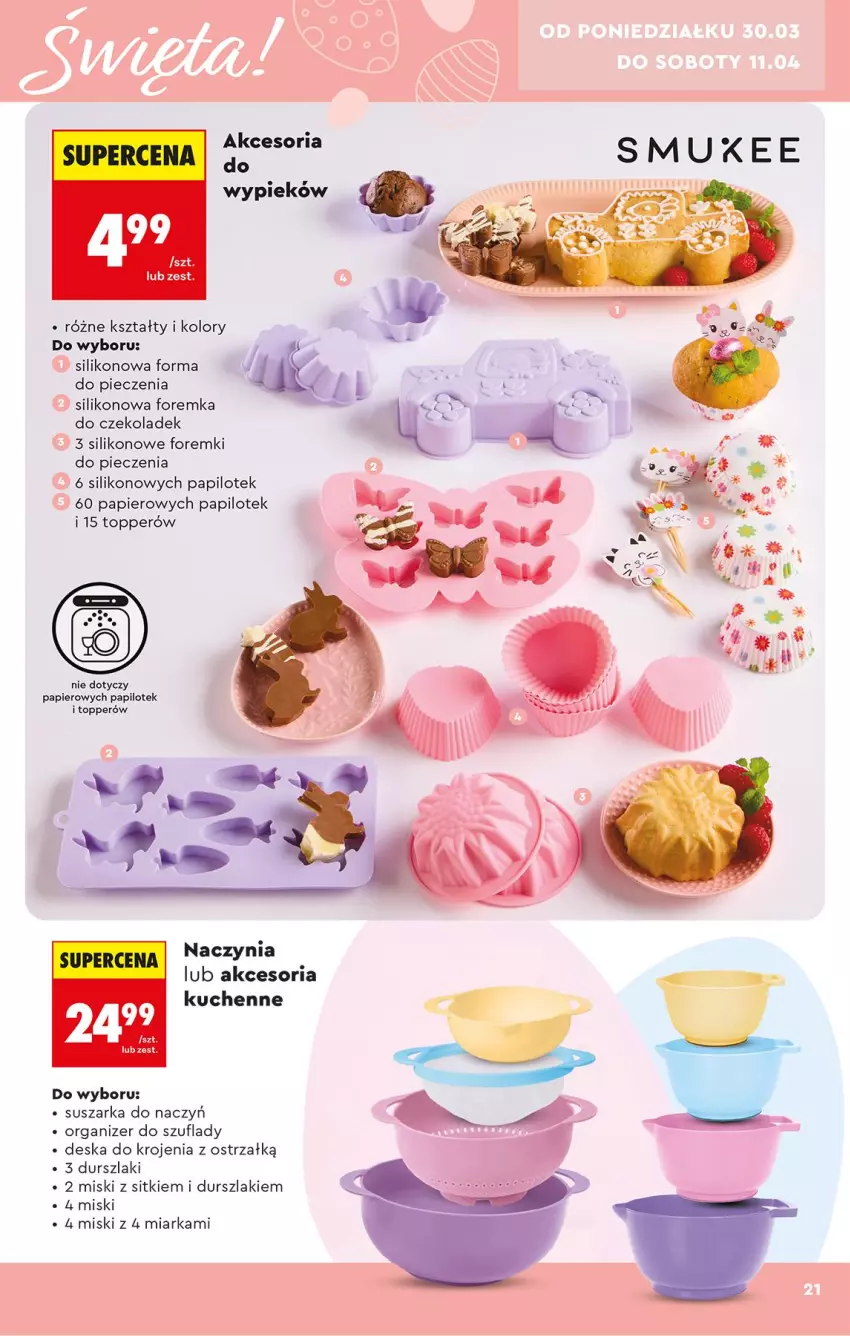 Gazetka promocyjna Biedronka - Okazje Tygodnia - ważna 28.03 do 11.04.2026 - strona 21 - produkty: Deska do krojenia, Durszlak, Foremki, Forma do pieczenia, Miarka, Organizer, Papier, Piec, Suszarka, Top