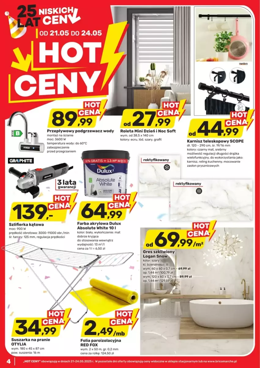 Gazetka promocyjna Bricomarche - ważna 19.05 do 24.05.2025 - strona 1 - produkty: Absolut, Dulux, Fa, Farba akrylowa, Gra, Gres, Gres szkliwiony, Karnisz, Piec, Roleta, Suszarka, Suszarka na pranie, Szlifierka, Szlifierka kątowa, Teleskop